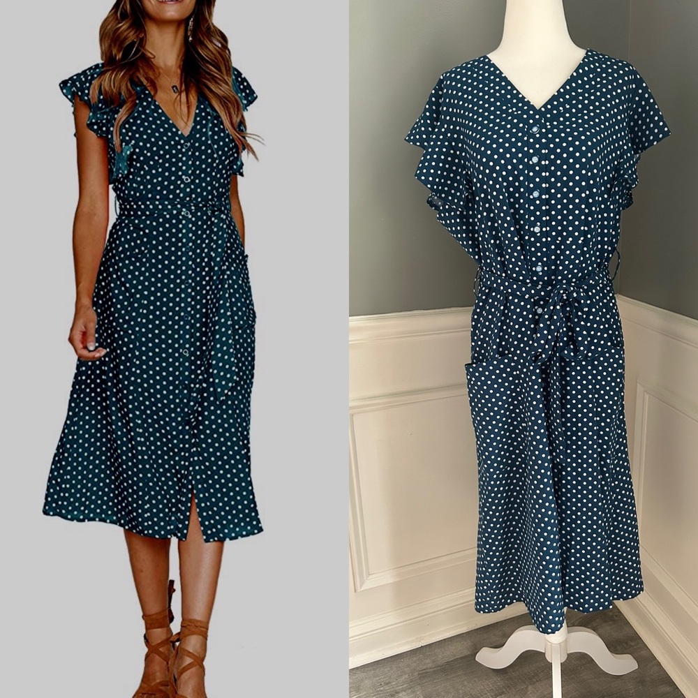 Amazon Women’s XL flutter sleeve polka dot tie waist dress